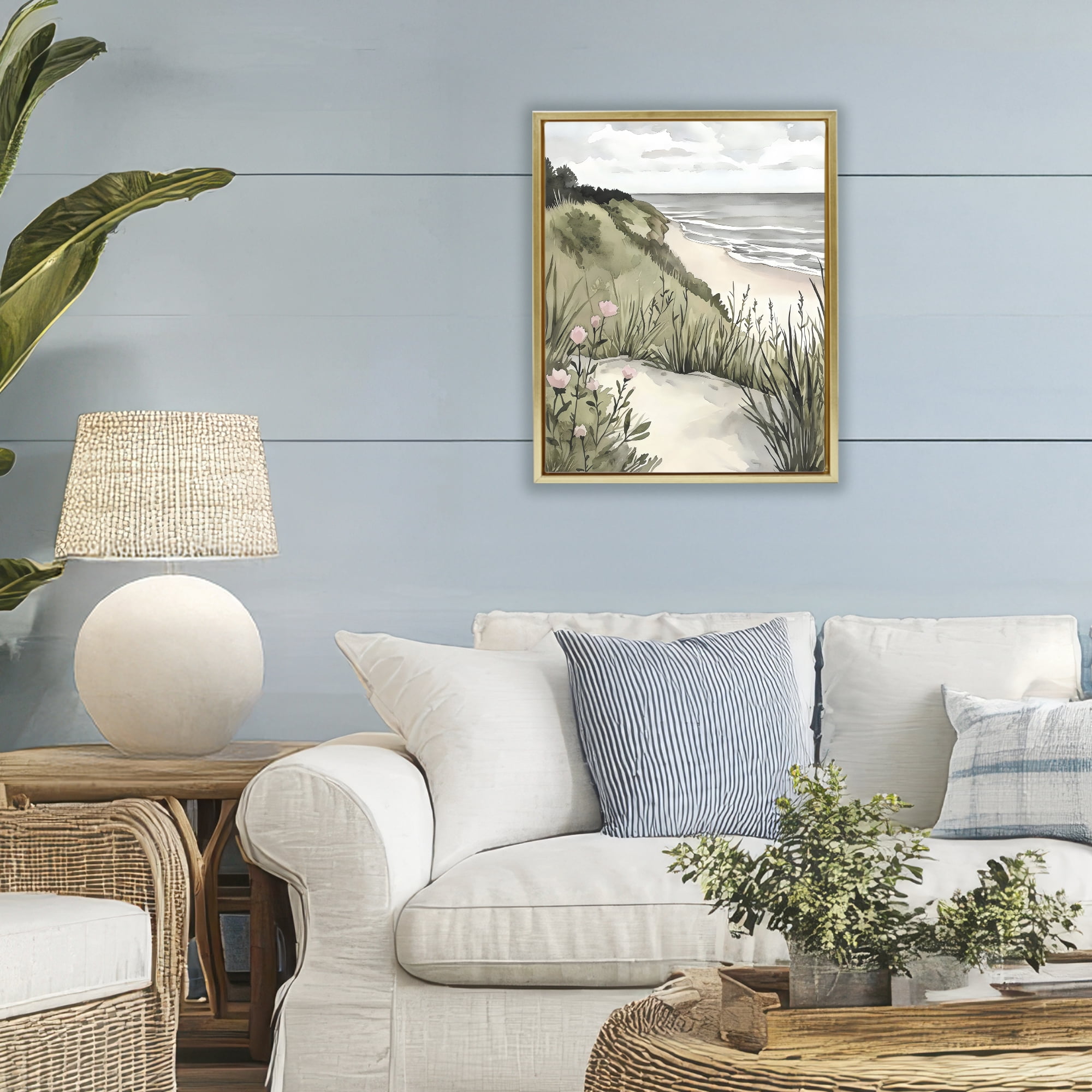 Stupell Industries Coastal Calm on Sandy Dunes Gold Framed Floater Canvas Wall Art, design by Riley B
