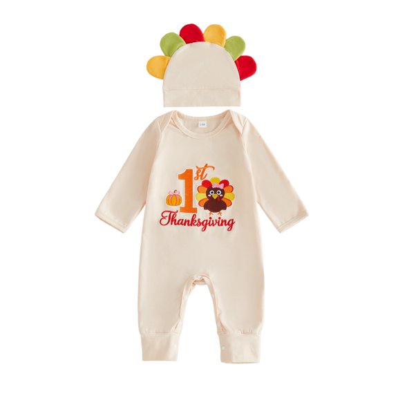 Cjfdfy Newborn Baby Boy Girl Thanksgiving Outfits Long Sleeve Turkey Embroidery Jumpsuit With Hat My First Thanksgiving Little Turkey Fall Outfit 0-6 Months
