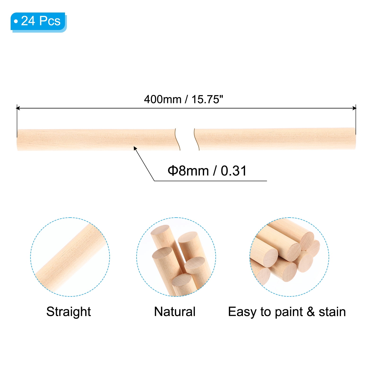 1/3x15.75inch Wooden Dowel, 240 Pcs Dowel Rod Wood Dowels Wood Sticks Unfinished Round, 8mm x 400mm