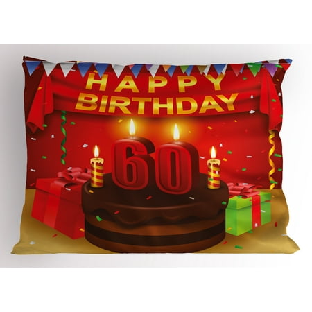 Curtain Sham 60th Birthday Pillow Sham Festive Party Theme Show Inspired Curtains and Cakes Box Art Colorful Print, Decorative Standard Queen Size Printed Pillowcase, 30 X 20 Inches, Multicolor, by Ambesonne ()
