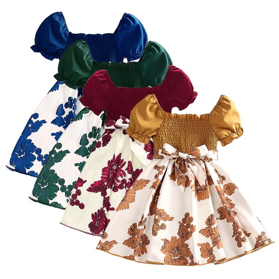 KYAIGUO Toddler Kids Girls Square Neck Princess Dress Summer Floral Print Sundress Dresses Short Flare Sleeve Bow Tie Beach Dress for 4-7T