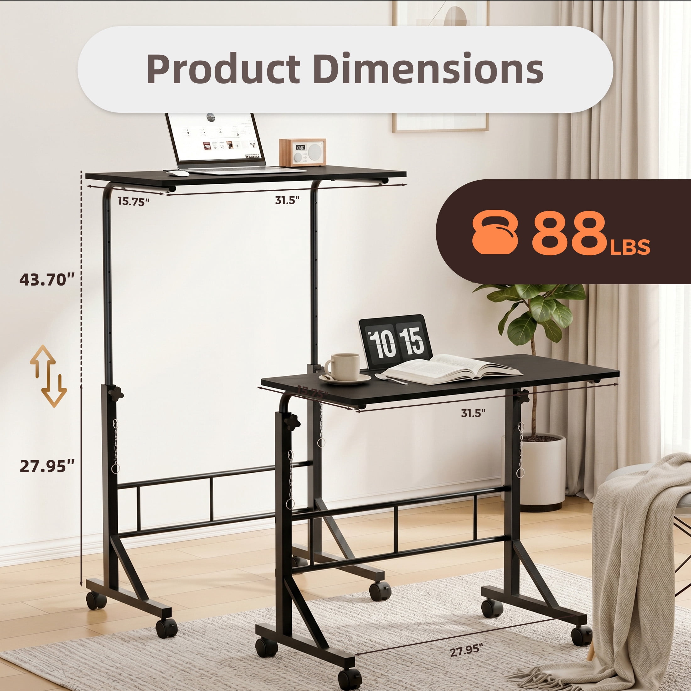 CONCETTA Adjustable Height Mobile Standing Desk with Wheels, 16"x31.5" Small Rolling Computer Desk for Home Office, Black
