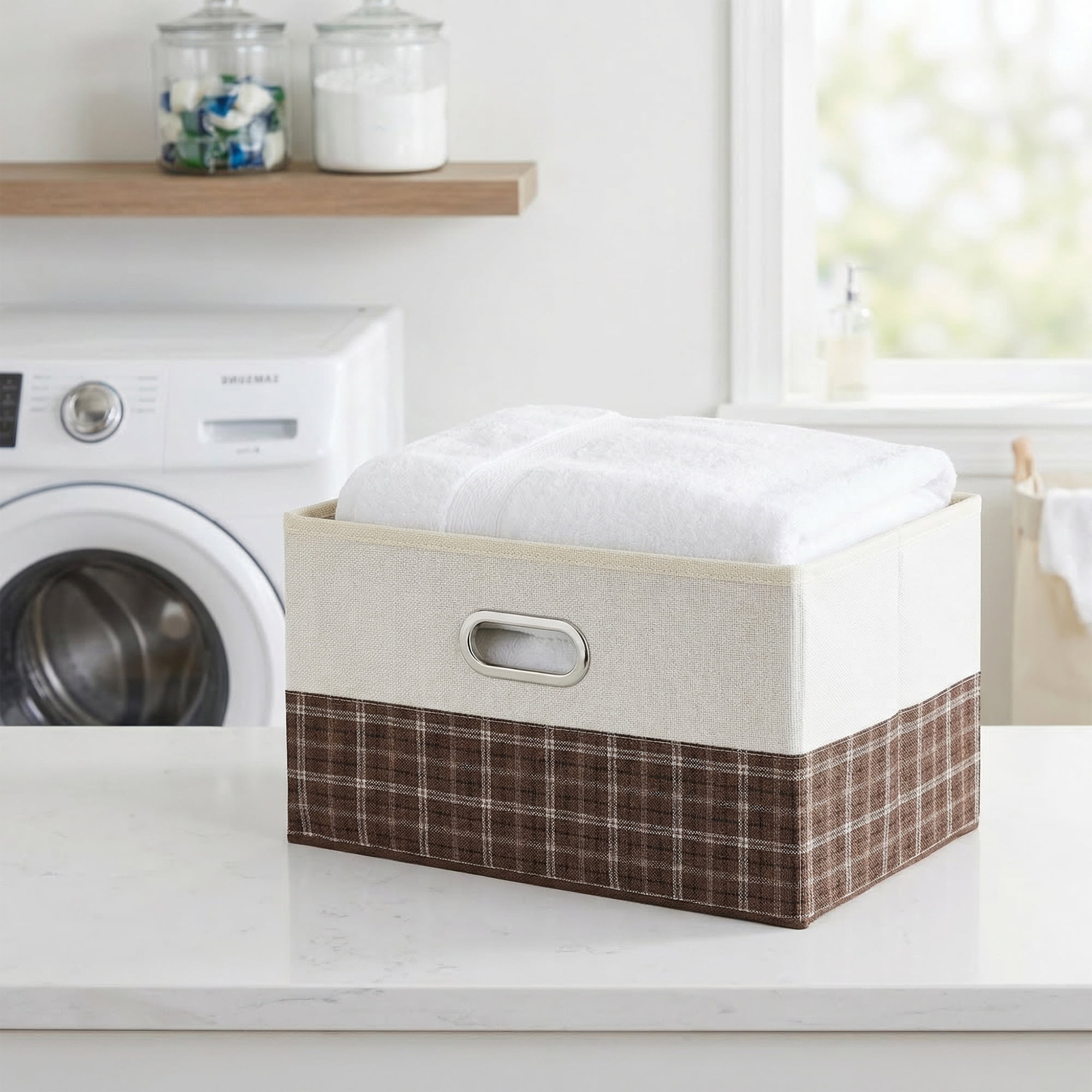 Unique Bargains Storage Cube Fabric Storage Bin with Handles Coffee 15*9.8*8.3in