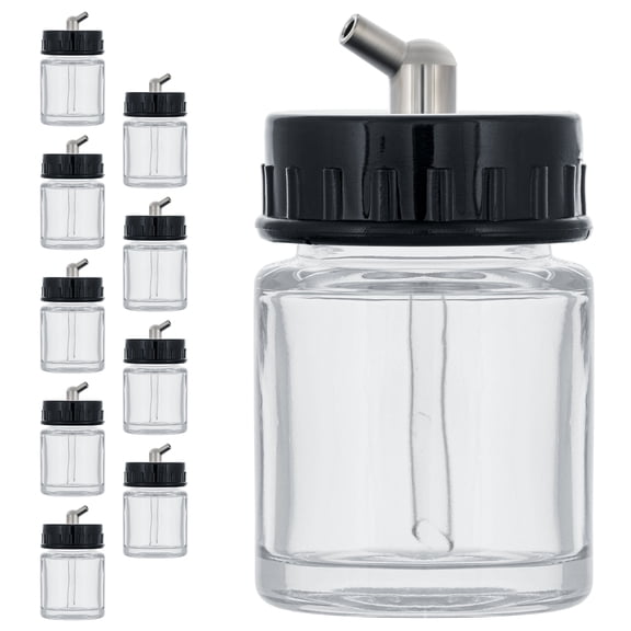 Master Airbrush (Pack of 10) TB-003 Empty 3/4oz (22cc) Glass Jar Bottles with 60° Down Angle Adaptor Lid Assembly - Fits Single-Action Siphon Feed Airbrushes, Use with Master Badger Paasche, Iwata
