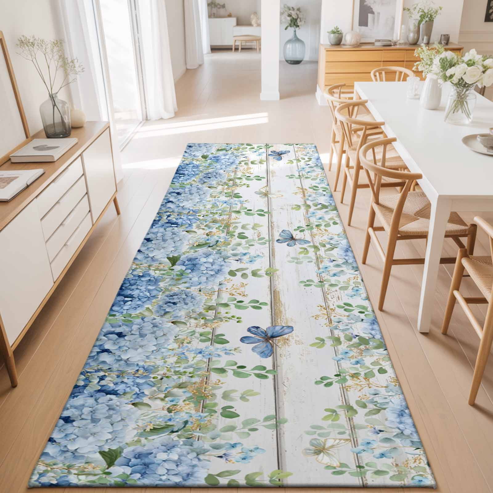 Runner Rugs 2x6 Ft, Blue Hydrangea Non Slip Area Rugs for Kitchen Bedroom Entryway, Spring Summer Eucalyptus Wooden Washable Carpet Runner Rug Floor Mats for Bedroom Home Decor