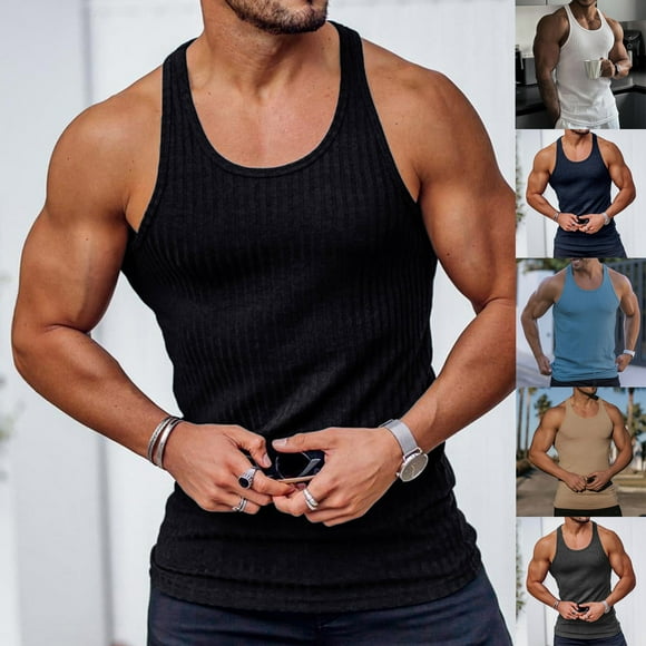 Txeol 90% off Clearance Sale Men's Workout Tank Top Ribbed Knit Sleeveless Crew Neck Gym Muscle T Shirts Lightweight Solid Color Bodybuilding Tee,Dark Gray,L