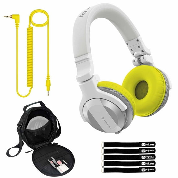 Pioneer DJ HDJ-CUE1BT White Wireless Bluetooth Headphones with Yellow Ear Pad Accessories Package
