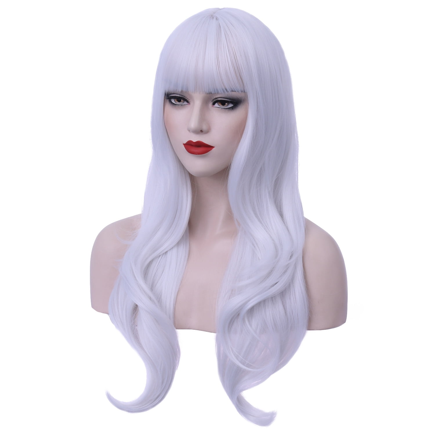 RightOn Long Wavy Wig with Bangs White Wig for Women Girls Synthetic Wig Long Wig White Wigs for Daily Party with Wig Cap