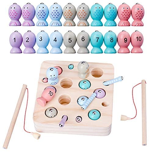 Wooden Fishing Game Montessori Toys for Toddlers Magnetic Cat-Shape Fishing Toy Fine Motor Skill Learning with Fishing Pole Fishes Preschool Gifts for Kids Children 