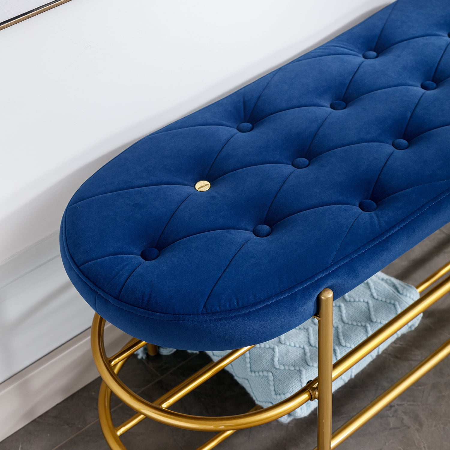 Kadyn Upholstered Velvet Beach, End of Bed Bench with 2 Shelf, Storage Beach for Living Room, Entrance, Navy