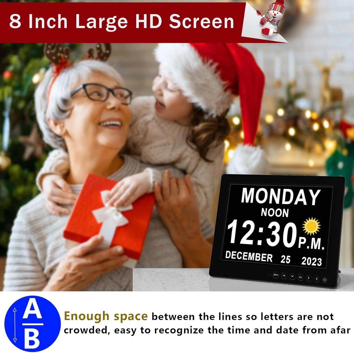 8 Inch Large Dementia Clock with Auto DST, 28 Alarms, Remote Control, HD Display for Seniors
