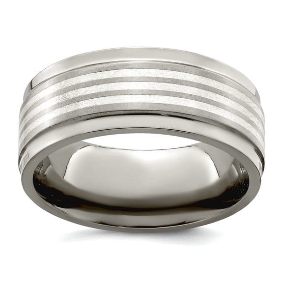 Titanium With 925 Sterling Silver Brushed Polished Inlay Beveled Edge 9mm Band Size 11.5 Ring for Women and Men