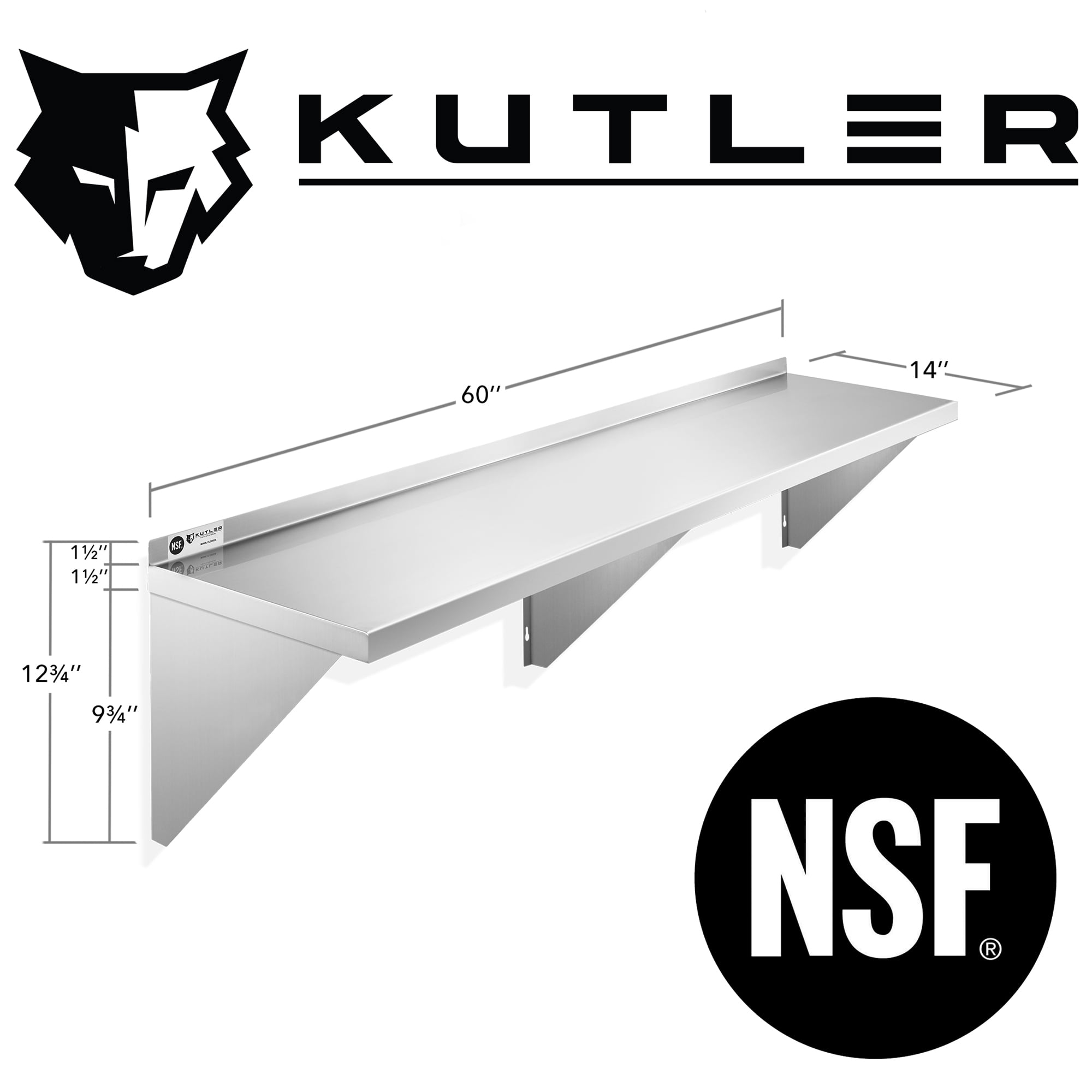 KUTLER 14" x 60" Stainless Steel Shelf, NSF Commercial Wall Mount Shelving w/ Backsplash, Floating Metal Mounted Shelves for Restaurant, Kitchen, Home