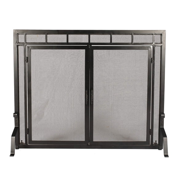 Wrought Iron Fireplace Screen With Mesh Panels, Standard Black, 31H x 39W