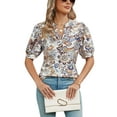 thumbnail image 2 of TEMOFON Summer Tops for Women Shirts Puff Sleeve Tunic Retro V Neck Blouse Casual Fashion Paisley White Flower Print Loose Fit Plus Size XXL, 2 of 5