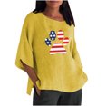 thumbnail image 1 of Blusa de lino con cuello redondo y mangas tres cuartos para mujer con estampado de bandera a la moda Pompotops FGAJ3090, 1 of 6