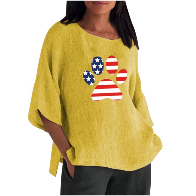 Blusa de lino con cuello redondo y mangas tres cuartos para mujer con estampado de bandera a la moda Pompotops FGAJ3090