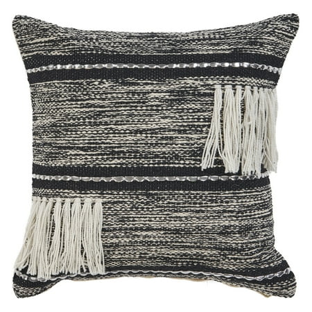 Gradient Stripe - LR Home Gradient Striped Fringe Black Natural Throw Pillow ( 18