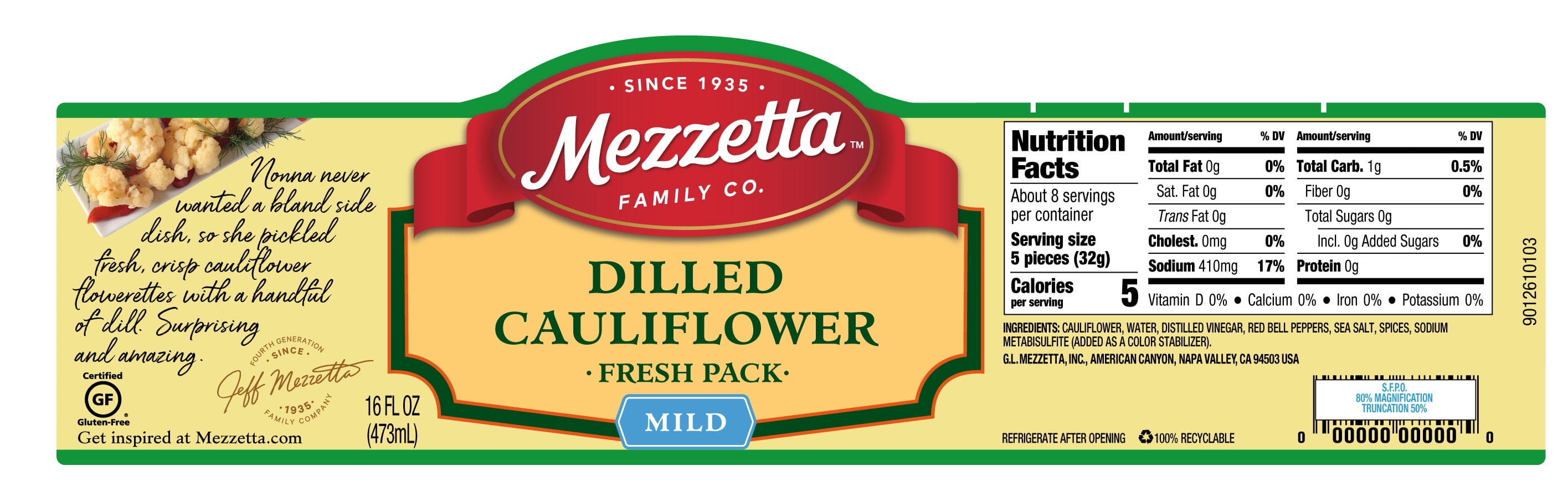 (4 pack) Mezzetta Dilled Cauliflower Fresh Pack Mild, 16 fl oz Jar
