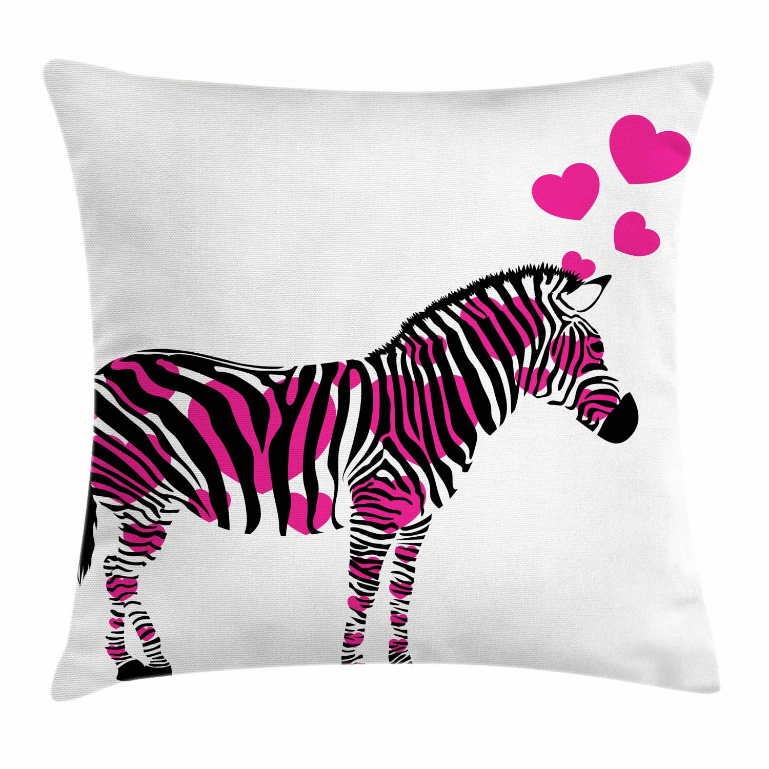 Pink Zebra Throw Pillow Cushion Cover, Zebra in Love Figure with Hearts Pastel Valentines