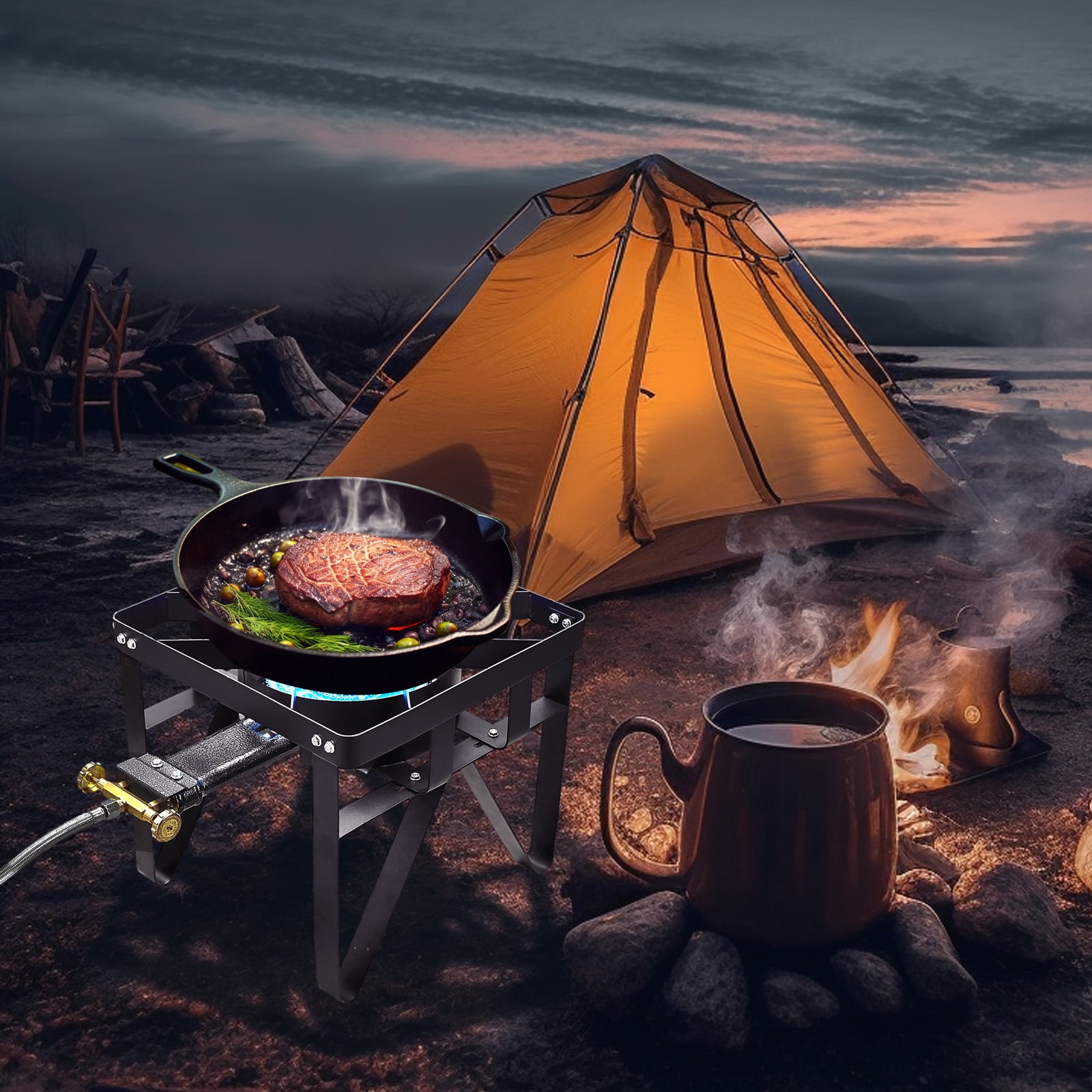 Vivicreate 185000 BTU camping outdoor cast iron party camp garden stove grill propane gas burner include CSA listed regulator and gas pipe