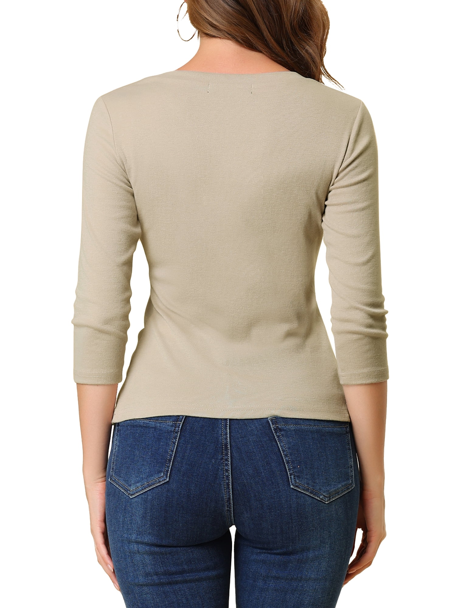 DARING DIVA V Neck Knitted Buttons Decor Ruched Blouse Top M Light Khaki