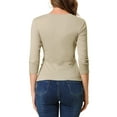 thumbnail image 4 of INSPIRE CHIC Women's Ruched Blouse Button Decor V Neck 3/4 Sleeve Solid Knit Top L Light Khaki, 4 of 9