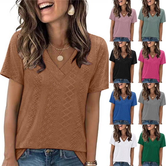 Zpanxa Womens Summer Tops, Women's Summer V-Neck Solid Color Short Sleeve T-Shirt Casual Comfortable Basic Top Lightweight Breathable Everyday Tee