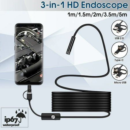 3-in-1 7mm 6 Leds IP67 Waterproof Type C Micro USB Endoscope Inspection Camera With Soft Cable for Android