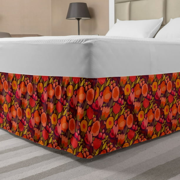 Burnt Orange Bed Skirt, Abstract Floral Pattern with Petals Leaves and