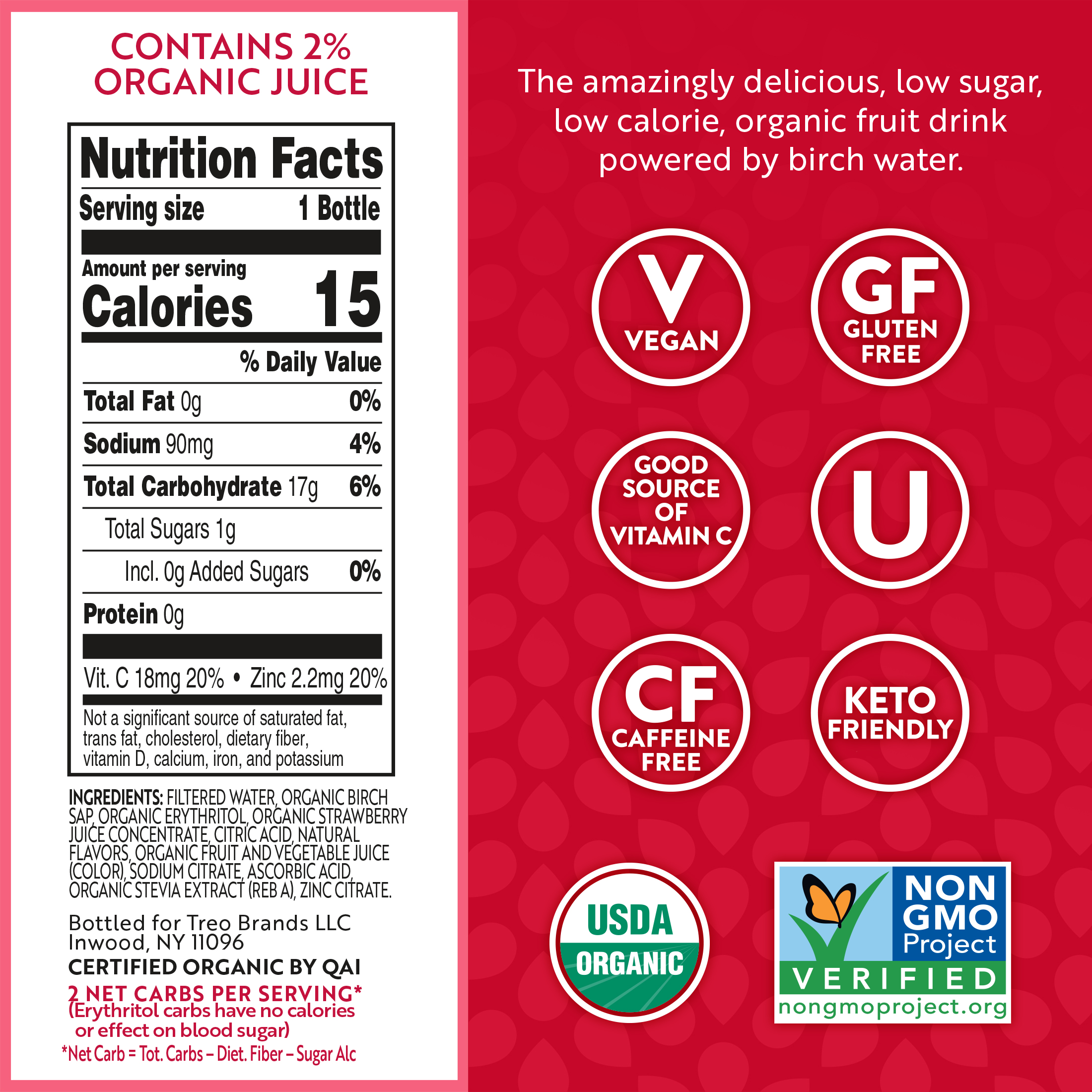 Treo Strawberry Flavored-Infused Bottled Birch Water, 16 oz