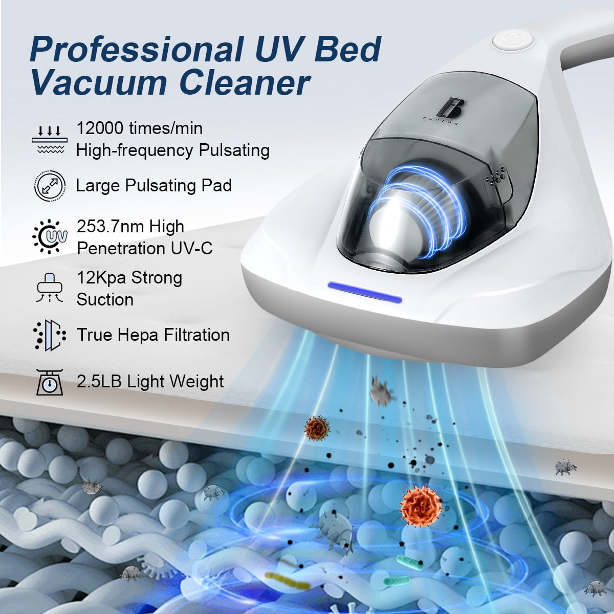 Mattress Vacuum Cleaner Anti-allergen with UV-C Light & Large Pulsating Pad 12kpa Suction & True Hepa Filter for Dust, Pet Hair, UV Bed Vacuum Corded