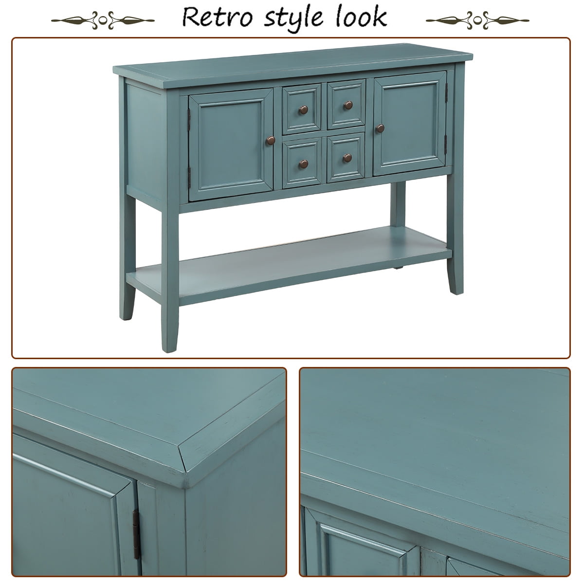 Console Table with 4 Storage Drawers,Storage Vintage Wood Buffet Sideboard Desk with 2 Cabinets and Bottom Shelf, Retro Entryway Table Cupboard for Living Room, Foyer, Hallway