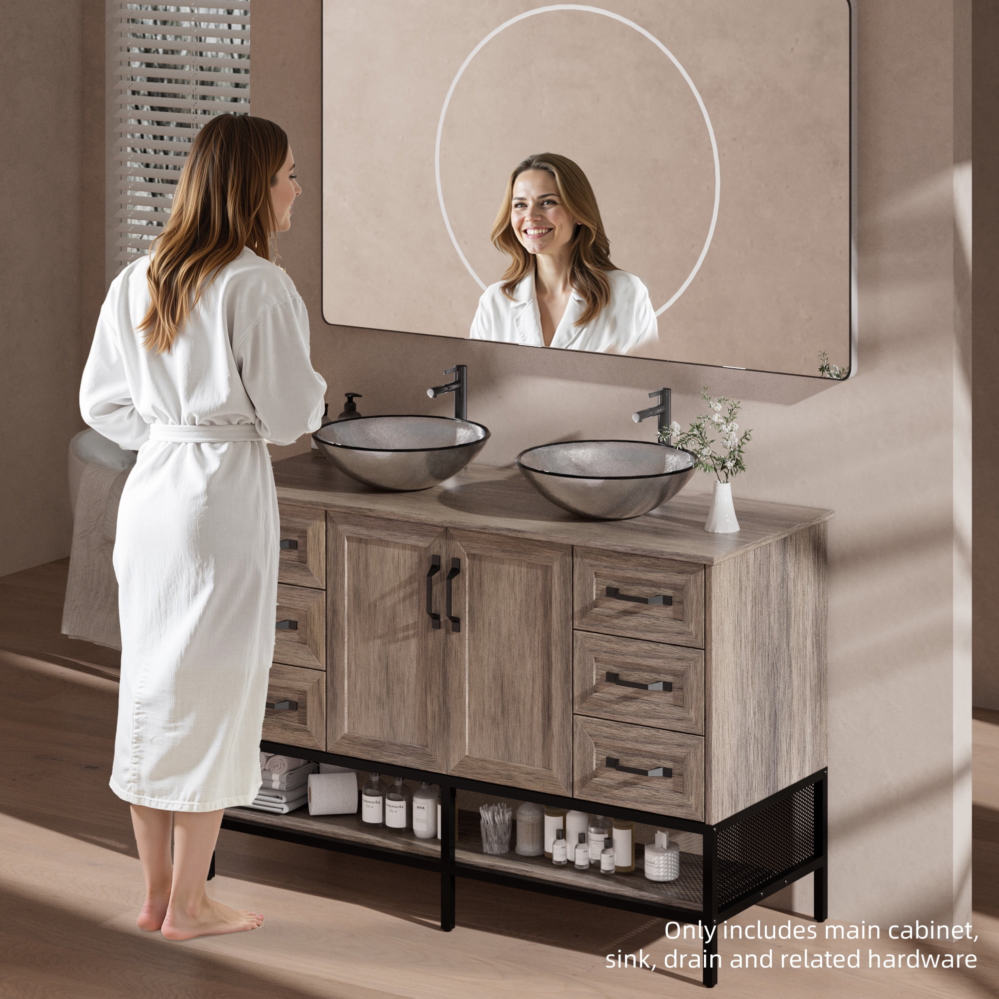 48 Inch Bathroom Vanity with Double Sink, Freestanding Cabinet with Open Shelves and 6 Storage Drawers, Modern Iron Wood Cabinet with Countertop Tempered Glass Vessel(Ship in 2 Boxes)