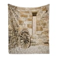 thumbnail image 1 of Barn Wood Wagon Wheel Soft Flannel Fleece Throw Blanket, Rural Facade with Old Wheel Traditional Country House, Cozy Plush for Indoor and Outdoor Use, 70" x 90", Brown Pale Brown, by Ambesonne, 1 of 6