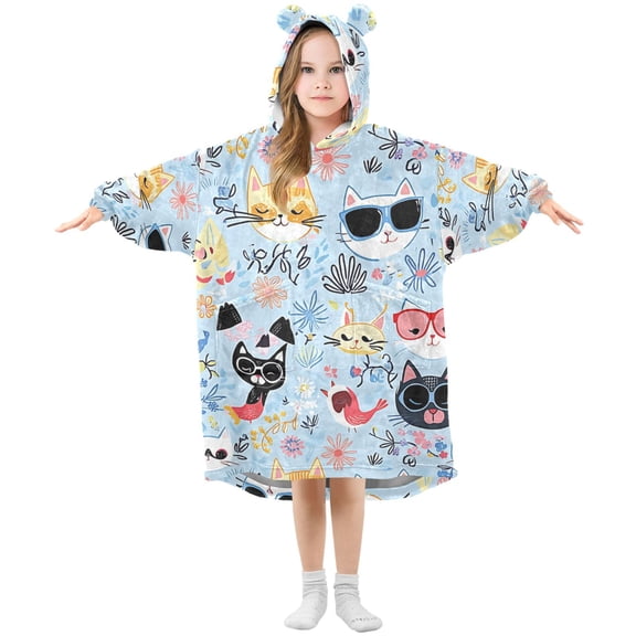 Kids Wearable Blanket Hoodie with 2 Pockets Colorsful Cute Cats Oversize Blankets Sweatshirt for Children Small