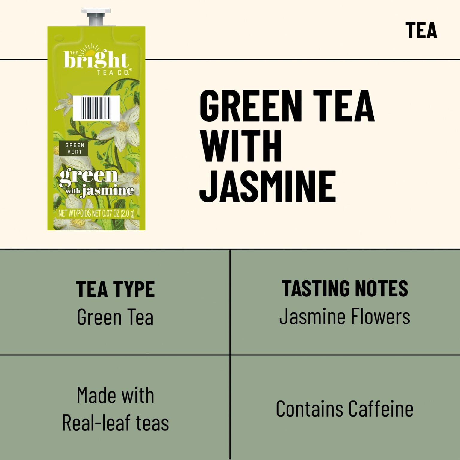 Flavia Bright Tea Co. Green Tea With Jasmine Freshpacks works only with Flavia Brewers (Case of 40)