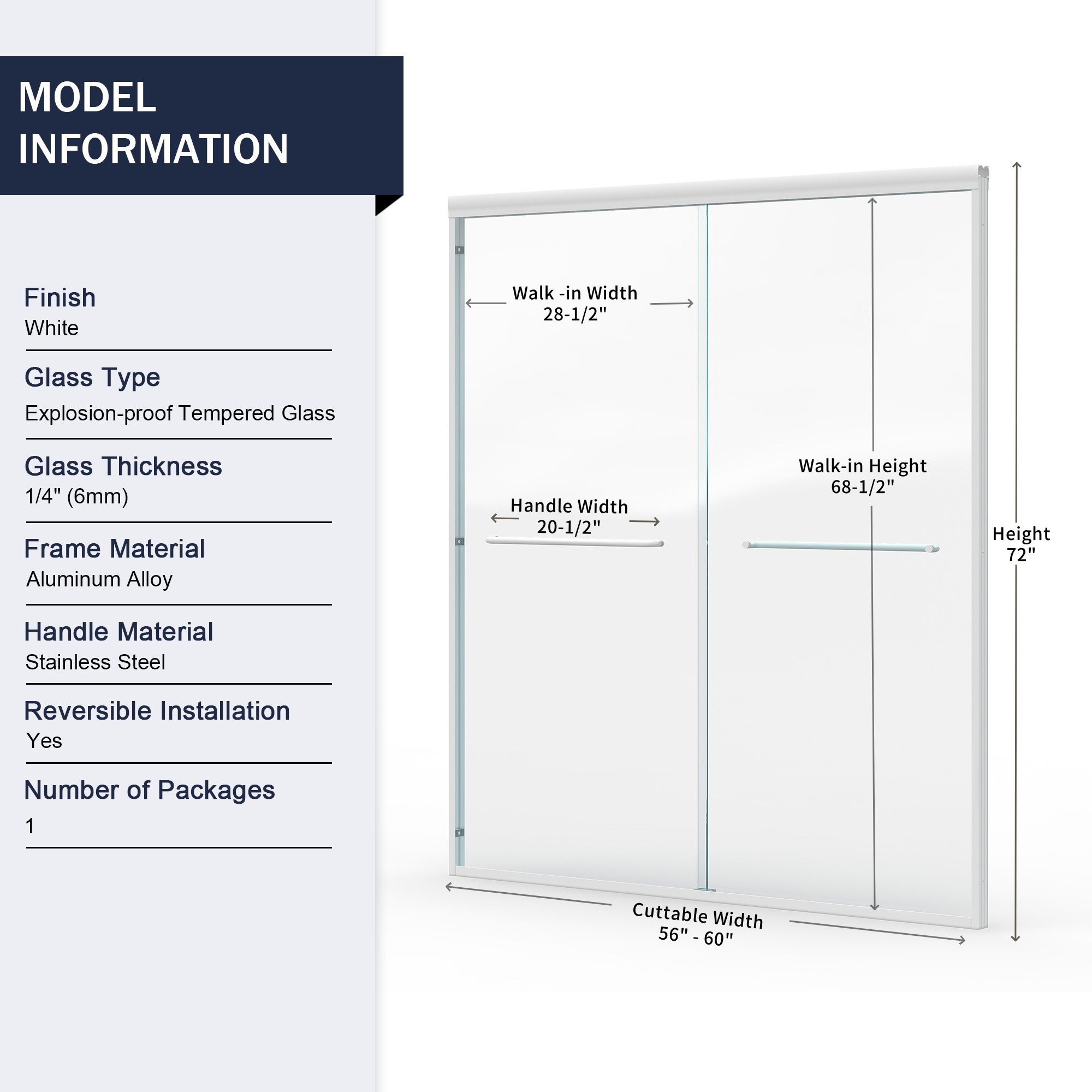 Aukfa Shower Doors, 56 - 60" W x 72" H Sliding Glass Shower Door, White Aluminum Frame, 1/4'' (6mm) High-Strength Tempered Glass for Walk-in Showers