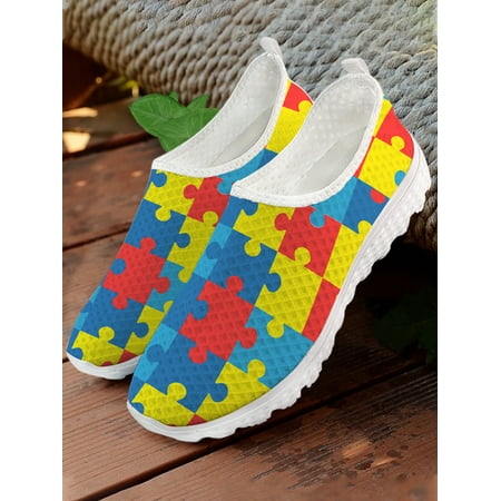White World Autism Day Colorful Puzzle Print Comfortable Summer Ladies Loafers Cartoon Love Print Slip On Shoes Flat