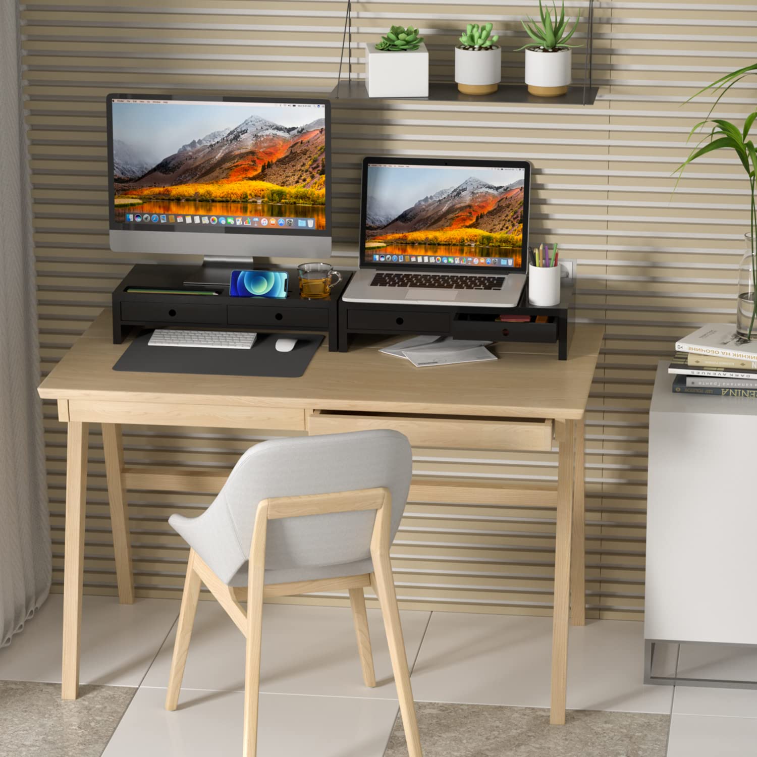 Bambloom Monitor Riser with 2 Drawers,Black Wood Monitor Stand for Computer, Laptop, Printer,Tv