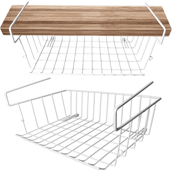 Under Shelf Basket , 2 Pack White Wire Under Shelf Basket , Slides Under Shelves for Storage, Space Saving for Kitchen Counter Pantry Desk Bookshelf
