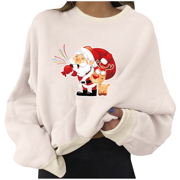 Sudaderas cortas estampadas de manga larga informales para mujer a la moda navideña Pompotops gfhjh8404