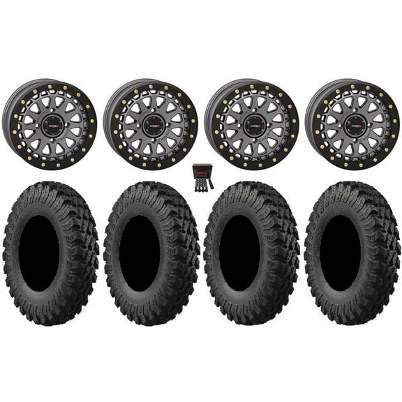System 3 SB-6 15" Wheels Gunmetal (4 3) 28" MotoRally Tires Polaris RZR XP 1000 / PRO XP / Ranger XP 900/1000
