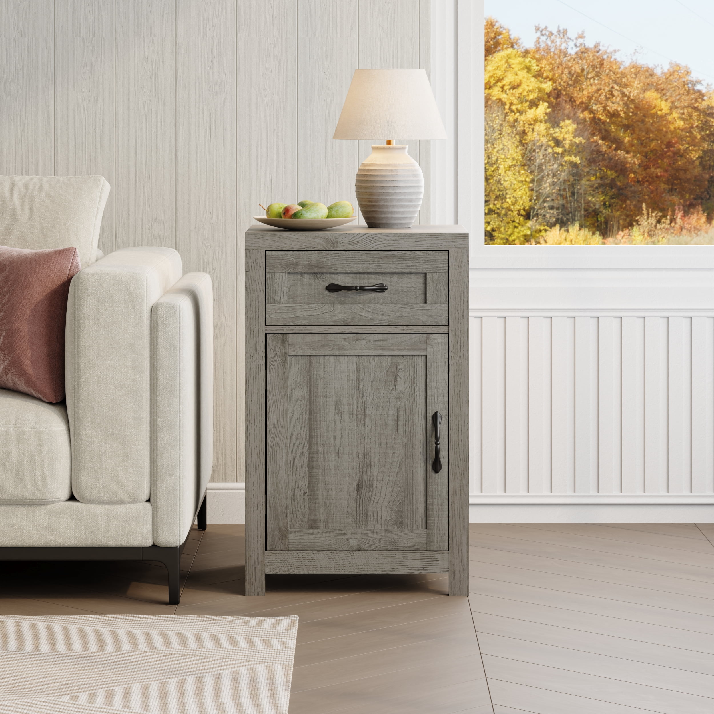 YouTrend Farmhouse End Table with Drawer and Storage Cabinet for Living Room,Rustic Adult Nightstand for Bedroom,Gray