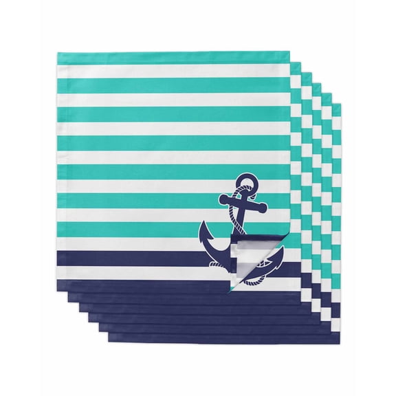 Anchor Turquoise Cloth Napkins Set of 6 Reusable Dinner Napkins, Modern Navy Blue White Striped Nautical Cocktail Napkin Washable Table Napkins for Wedding/Holiday Party/Baby Shower 20"x20"