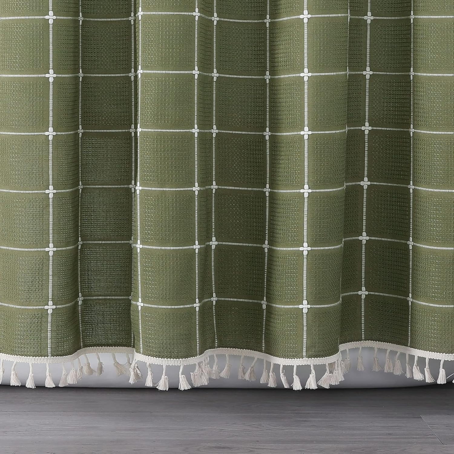 Zrodlmo Boho Farmhouse Shower Curtain with Hooks Rustic Cottagecore Fabric Bathroom Curtain with Tassels, 72" x 72", Green