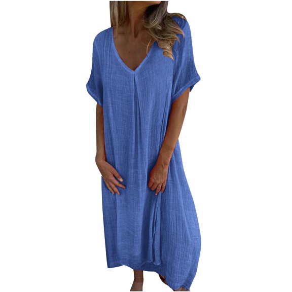 CHGBMOK Womens Casual Linen Dress V Neck Sleeveless Loose Plus Size Maxi Dress Solid Flowy Beach Vacation Sundress