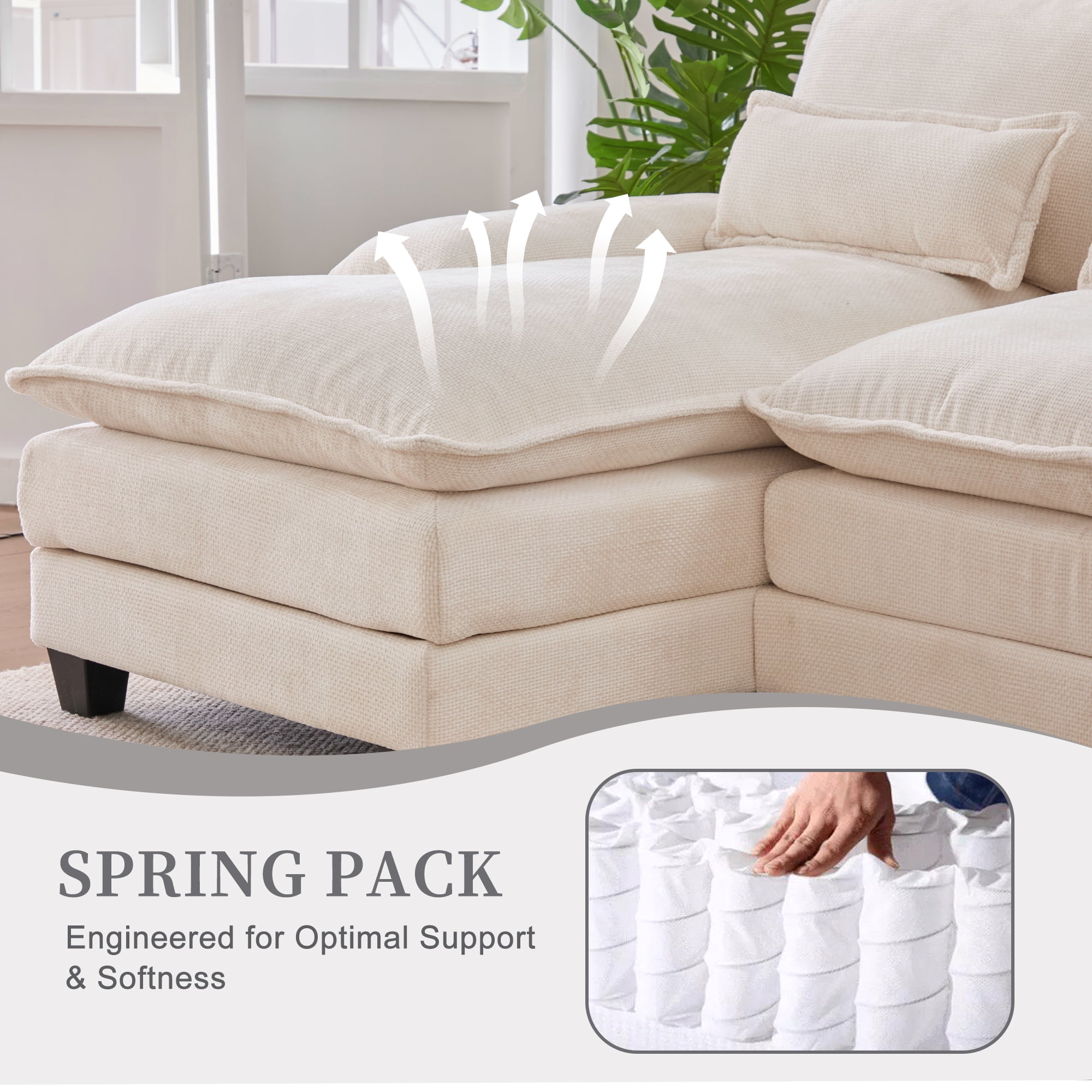 Villeston 126.77" U-Shaped Cloud Sofa With Chaise Lounge, Chenille Sofa With Wireless Charging, Bluetooth Speaker, Two Cup Holders, Storage Drawer, Suitable For Living Room,Beige