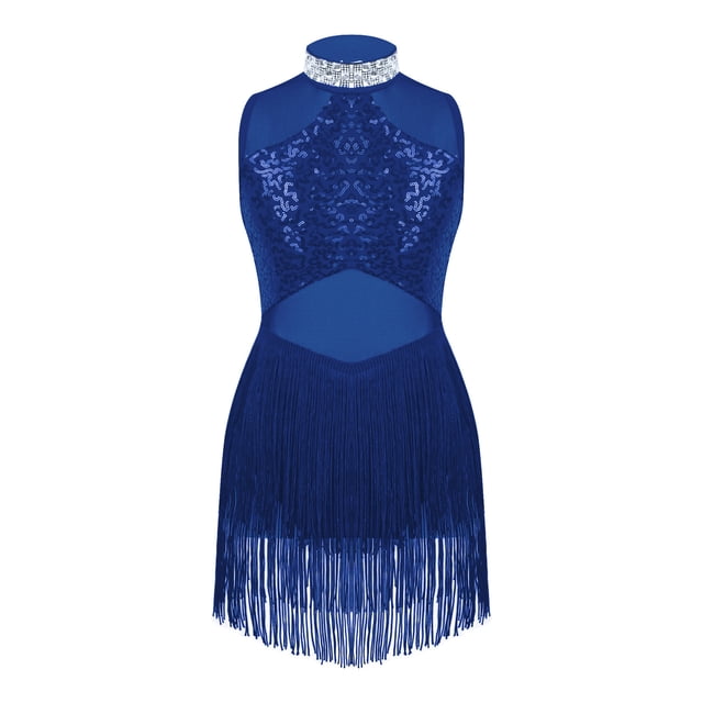 Runhomal Justaucorps de Ballet Sans Manches à Paillettes pour Filles, Robe à Franges, Style Latin Moderne Jazz Tango Rumba Salsa, Costume de Danse Bleu Royal 12