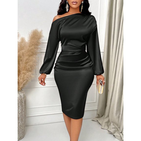 Black Off-Shoulder Ruched Satin Bodycon Midi Dress With Long Sleeves